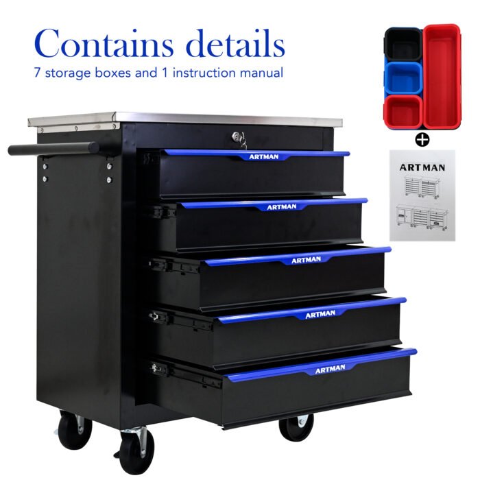 5 Drawers Multi Functional Tool Cart With Wheels, Black and Blue - Image 9