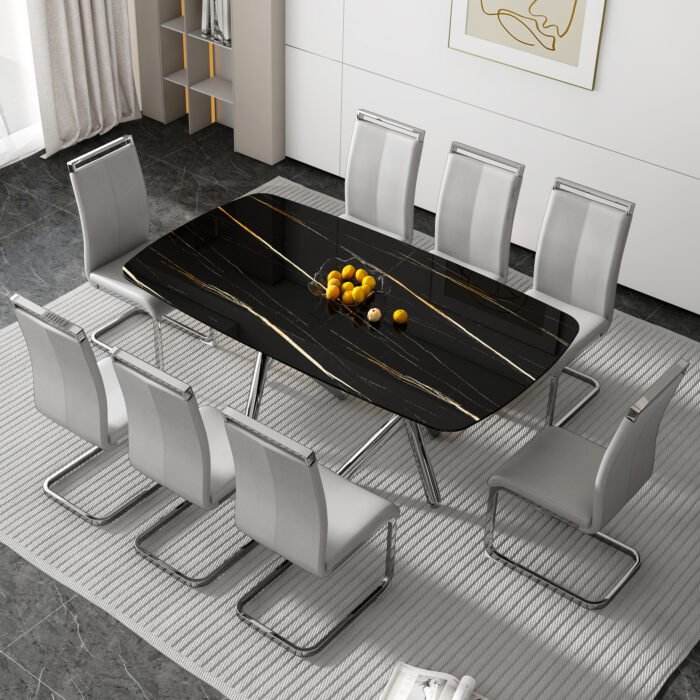 Large modern minimalist rectangular dining table with marble mitation and silver metal legs - Image 18