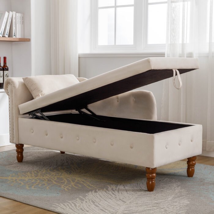 Chaise Lounge Velvet with Storage and Pillow and Arms, White - Image 22