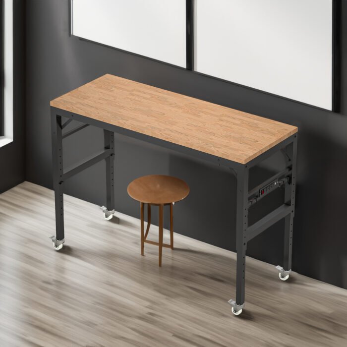60 inch adjustable wooden and metal heavy-duty garage workbench with power socket and wheels - Image 2
