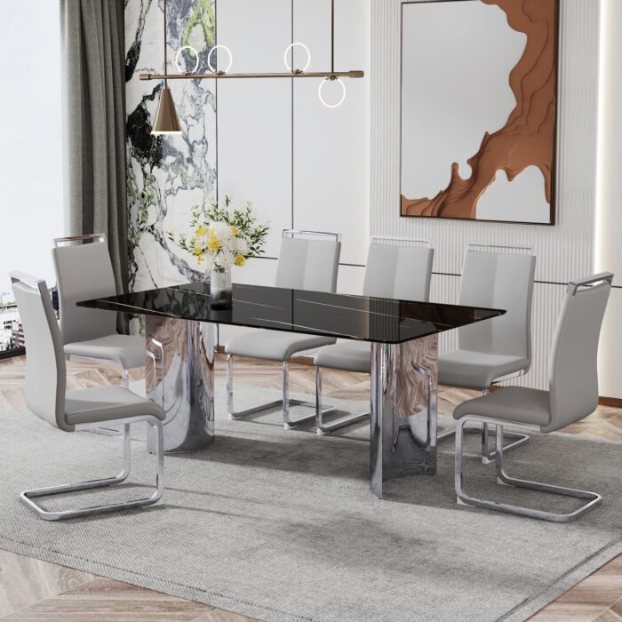 Modern minimalist dining table marble glass imitation with silver metal legs - Image 9