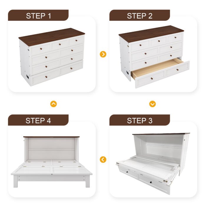 Solid Pine Queen Size Murphy Bed Chest with Charging Station and Large Storage Drawer - Image 7