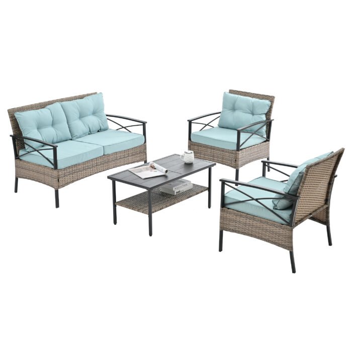 Patio Seasonal Outdoor Wicker Furniture Set with Black Metal Table - Image 2