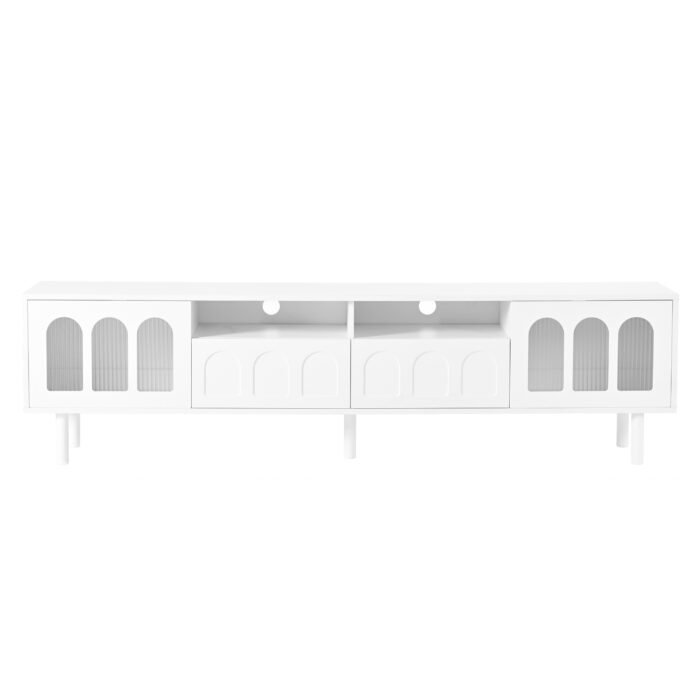 ON-TRANS TV stand with LED light strip and tempered glass door (up 80"), White - Image 2
