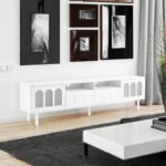 ON-TRANS TV stand with LED light strip and tempered glass door (up 80"), White