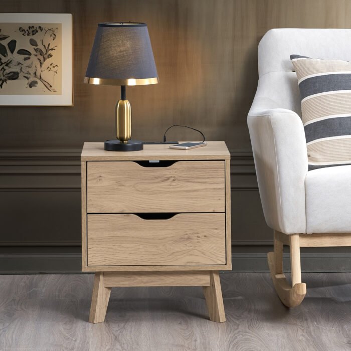 NORDICA Wooden Nightstand with USB and Type-C charging station, Natural oak - Image 6