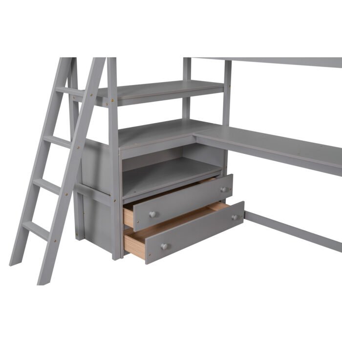 Twin Size Loft Bed with Desk and Shelves, Two Built-in Drawers, Gray - Image 10