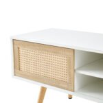 Rattan TV cabinet with double sliding doors and adjustable shelfs and solid wooden legs, White - Image 13