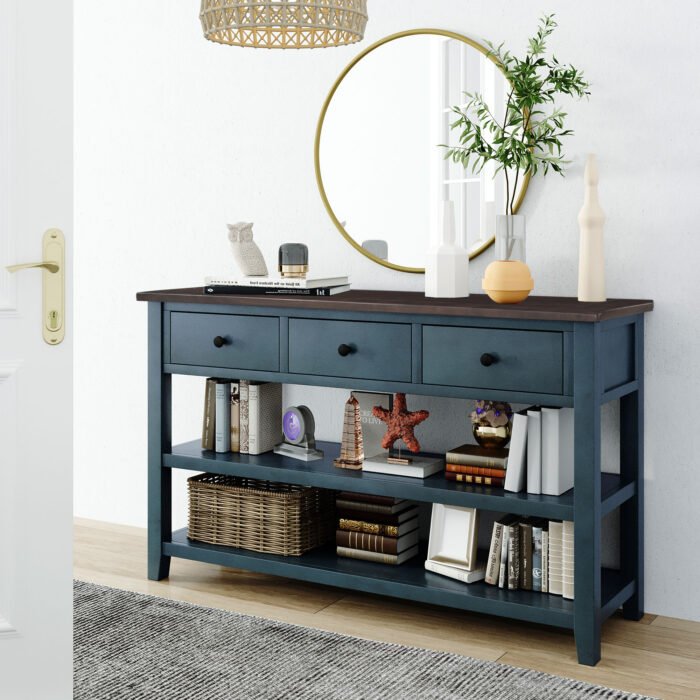 Retro Design Console Table with Two Open Shelves (Navy) - Image 2