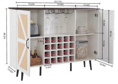 Faux Rattan Barn Door Wine Cabinet with Wine Glass Rack and Double Door, White - Image 9