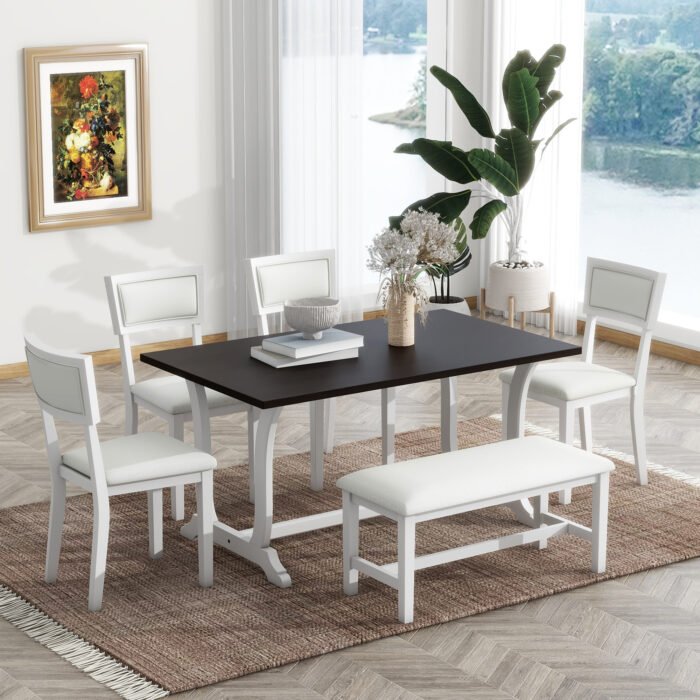 TOPMAX Farmhouse 6-Piece Trestle Dining Table Set with Upholstered Dining Chairs and Bench - Image 3