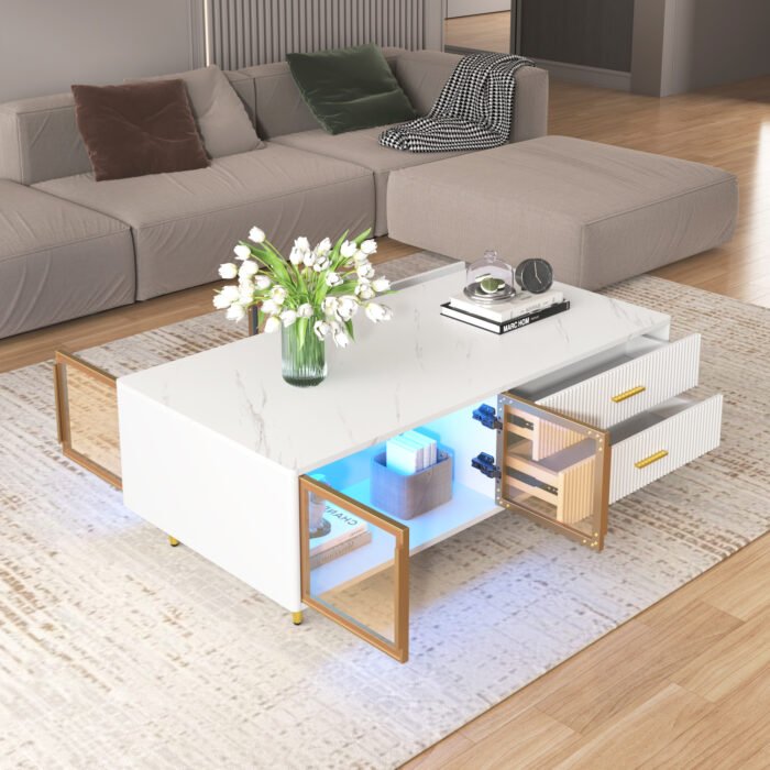 White Coffee Table with 2 Glass Door Storage and 4 Drawers and Gold Metal Legs - Image 4
