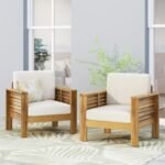 Outdoor Acacia Wood Club Chairs with Cushions, Teak+Beige (Set of 2) - Image 2