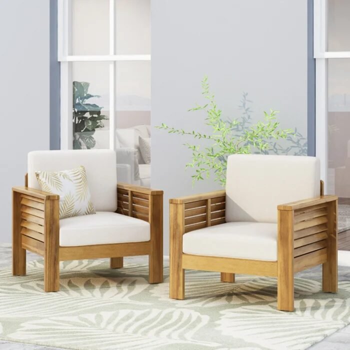 Outdoor Acacia Wood Club Chairs with Cushions, Teak+Beige (Set of 2) - Image 2
