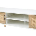 Rattan TV cabinet with double sliding doors and adjustable shelfs and solid wooden legs, White - Image 14