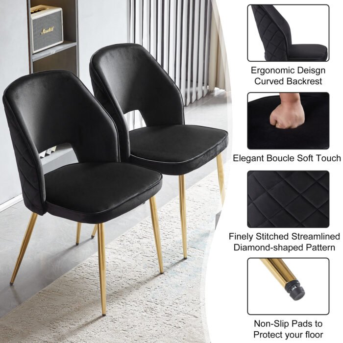 Black Velvet Dining Chairs Set with Metal Legs and Hollow Back Upholstered (Set of 4) - Image 4