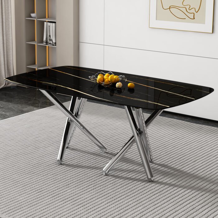 Large modern minimalist rectangular dining table with marble mitation and silver metal legs - Image 19