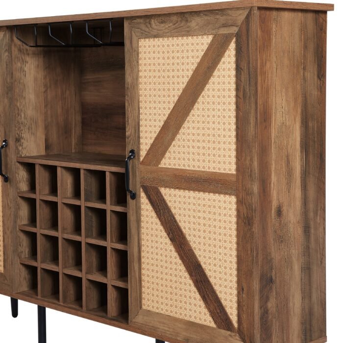 Faux Rattan Barn Door Wine Cabinet with Wine Glass Rack and Double Door Design - Image 9