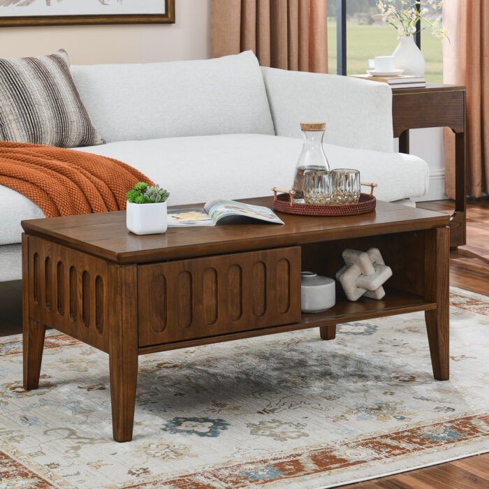 Medieval modern flute coffee table with storage sliding door and solid wood legs - Image 7