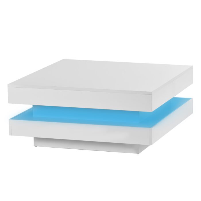 ON-TREND High Gloss Minimalist Design with LED Lights 2-Tier Square Coffee Table White - Image 14