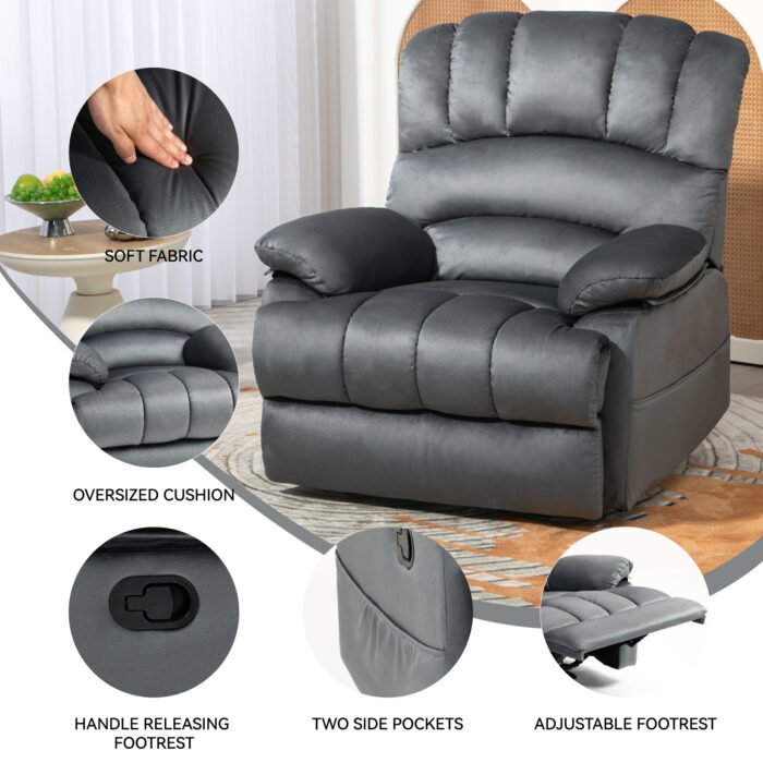 Large Manual Recliner Chair in Fabric for Living Room, Grey - Image 3