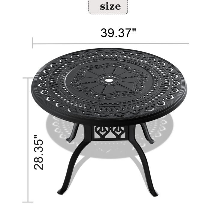 Ø39.37-inch Cast Aluminum Patio Dining Table With Black Frame and Umbrella Hole - Image 2