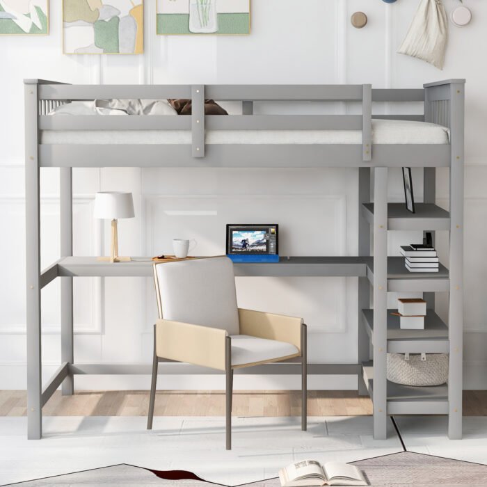 Twin Size Loft Bed with Storage Shelves and Under-bed Desk Gray - Image 8