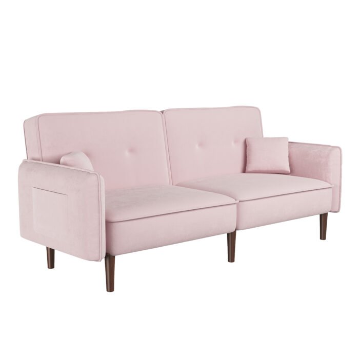 Convertible Sofa Bed with Wood Legs in Velvet (Pink) - Image 9