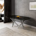Large modern minimalist rectangular dining table with marble mitation and silver metal legs