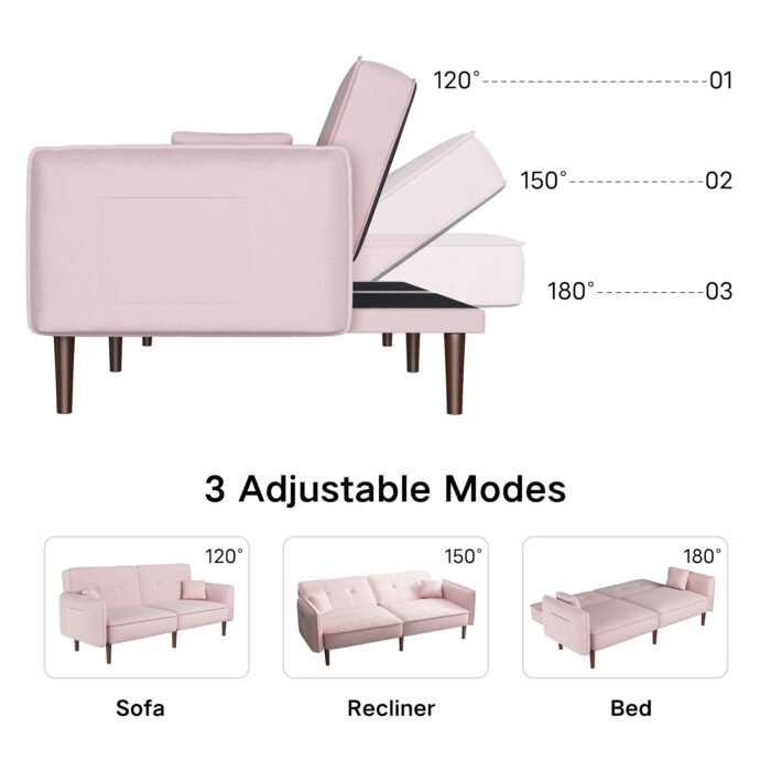 Convertible Sofa Bed with Wood Legs in Velvet (Pink) - Image 7