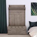 Hall tree with storage desk with drawers and 5 hooks, Oak