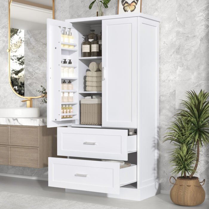 Tall Bathroom Storage Cabinet with Two Doors and Drawers and Adjustable Shelf - Image 4