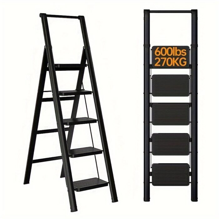 5-step folding lightweight ladder with anti slip wide pedals and easy to carry handle - Image 2