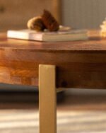 Modern Retro Splicing Round Coffee Table Fir Wood Table Top with Gold Cross Legs Base - Image 9