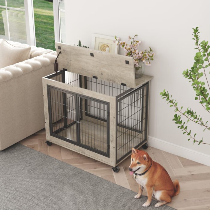 Furniture Dog Cage with Double Doors Grey - Image 2