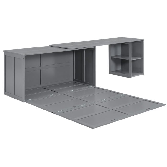 Queen Size Murphy Bed with Rotable Desk  Gray - Image 9