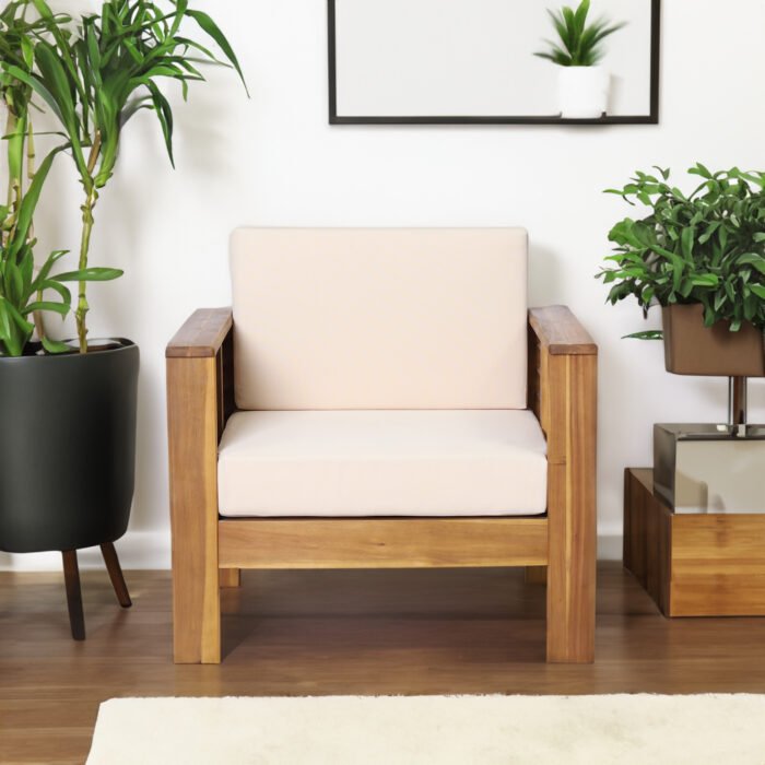 Outdoor Acacia Wood Club Chairs with Cushions, Teak+Beige (Set of 2) - Image 3