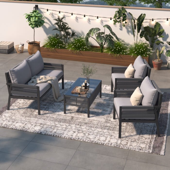 Outdoor Deep Seating Furniture Set with Tempered Glass Table with Thick Cushions, Gray - Image 4