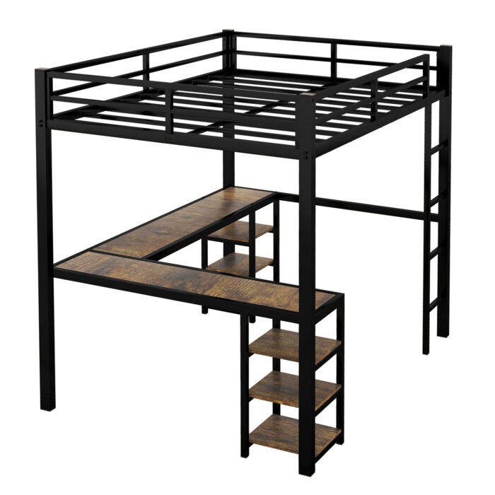 Full Size Metal Loft Bed with Desk, Shelves, Ladder and Guardrails, Black - Image 11