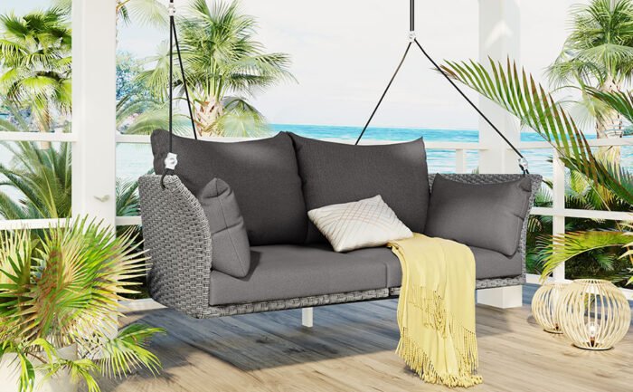 GO 2 Person Hanging Rattan Woven Swing SeatChair With Ropes and Cushion - Image 2