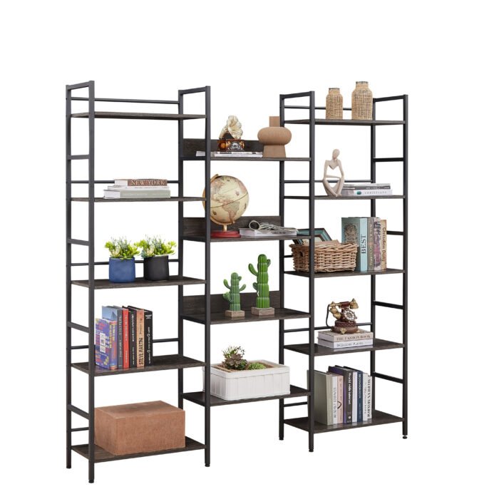 Triple Wide 5-shelf Bookshelves Industrial Retro Wooden Style, Dark Grey - Image 4