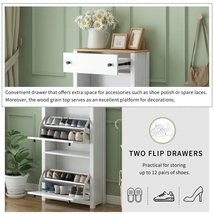ONTREND 2 flip drawers shoe cabinet with drawers and adjustable panel, White - Image 10