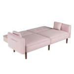 Convertible Sofa Bed with Wood Legs in Velvet (Pink) - Image 10