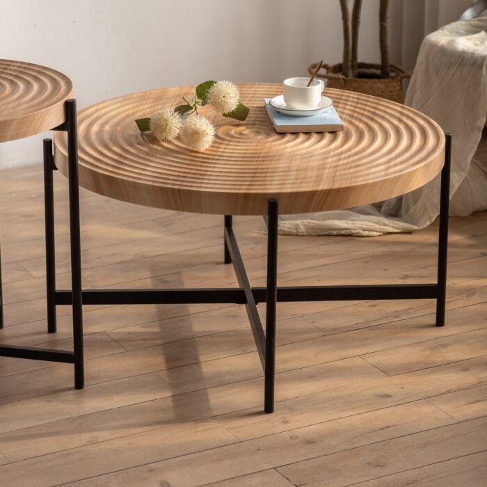 Modern Thread Design Round Coffee Table  with Cross Legs Metal Base (Set of 2) - Image 5
