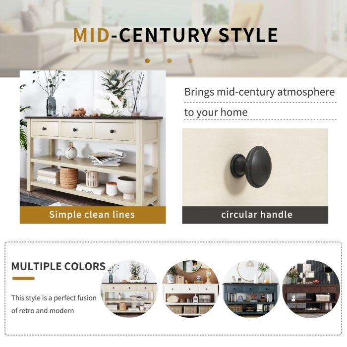 Retro Design Console Table with Two Open Shelves (Espresso+Beige) - Image 5