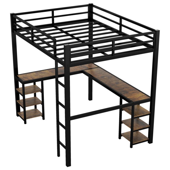 Full Size Metal Loft Bed with Desk, Shelves, Ladder and Guardrails, Black - Image 12