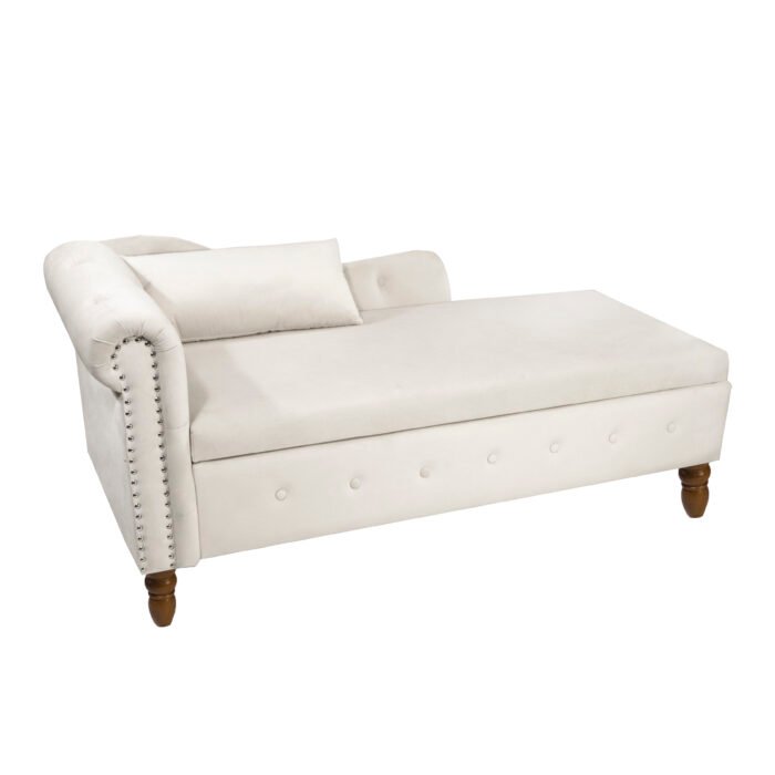 Chaise Lounge Velvet with Storage and Pillow and Arms, White - Image 15
