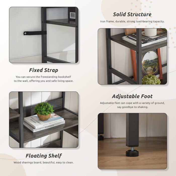 Triple Wide 5-shelf Bookshelves Industrial Retro Wooden Style, Dark Grey - Image 6