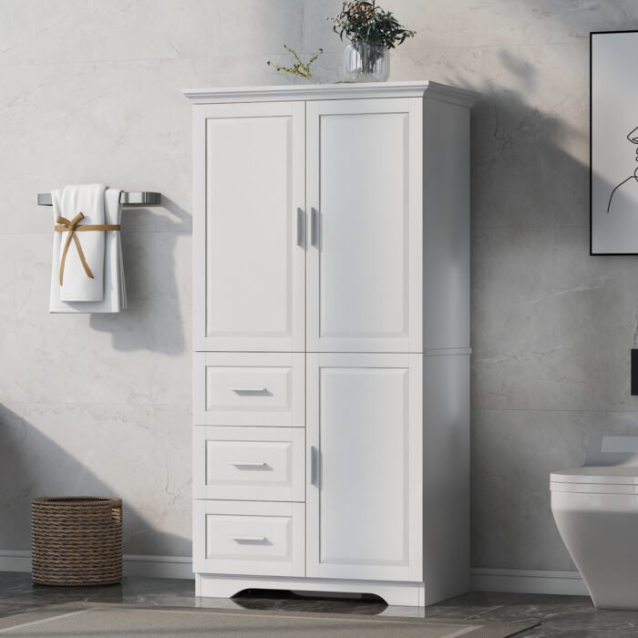 Tall and Wide Storage Cabinet with Doors for Bathroom/Office, Three Drawers, White - Image 5