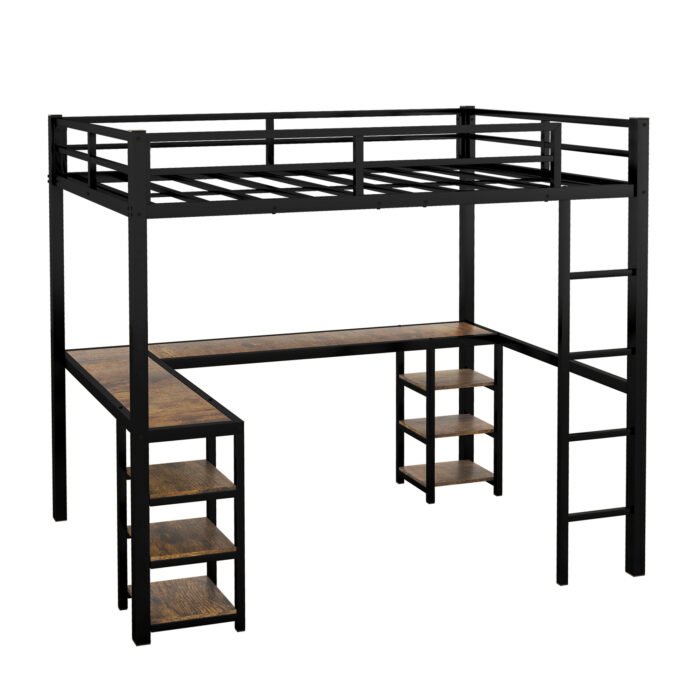 Full Size Metal Loft Bed with Desk, Shelves, Ladder and Guardrails, Black - Image 6
